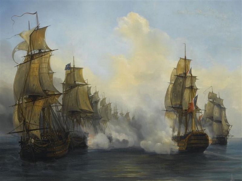 Peinture d'Auguste Mayer représentant le combat du 118 canons le Wagram, le 5 novembre 1813.